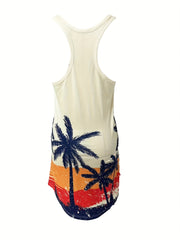Coconut Tree Print Lounge Dress Crew Neck Short Sleeve Women's Loungewear