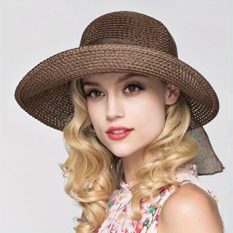 Vintage Sun Hat Bowknot Crochet Straw Hat Foldable Fedora Cap