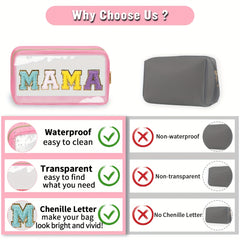 2 Pcs Clear Chenille Letter Patch Makeup Bags with Zipper