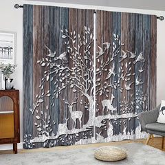 Elk & Wood Plank Trees Pattern Curtains Rod Pocket Semi Blackout Window Curtains
