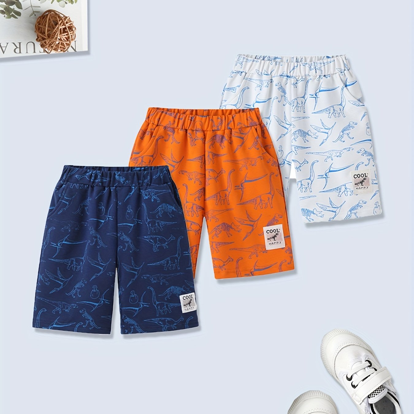 3pcs Dinosaur Boys Comfort Shorts Quick drying for Summer Outdoor
