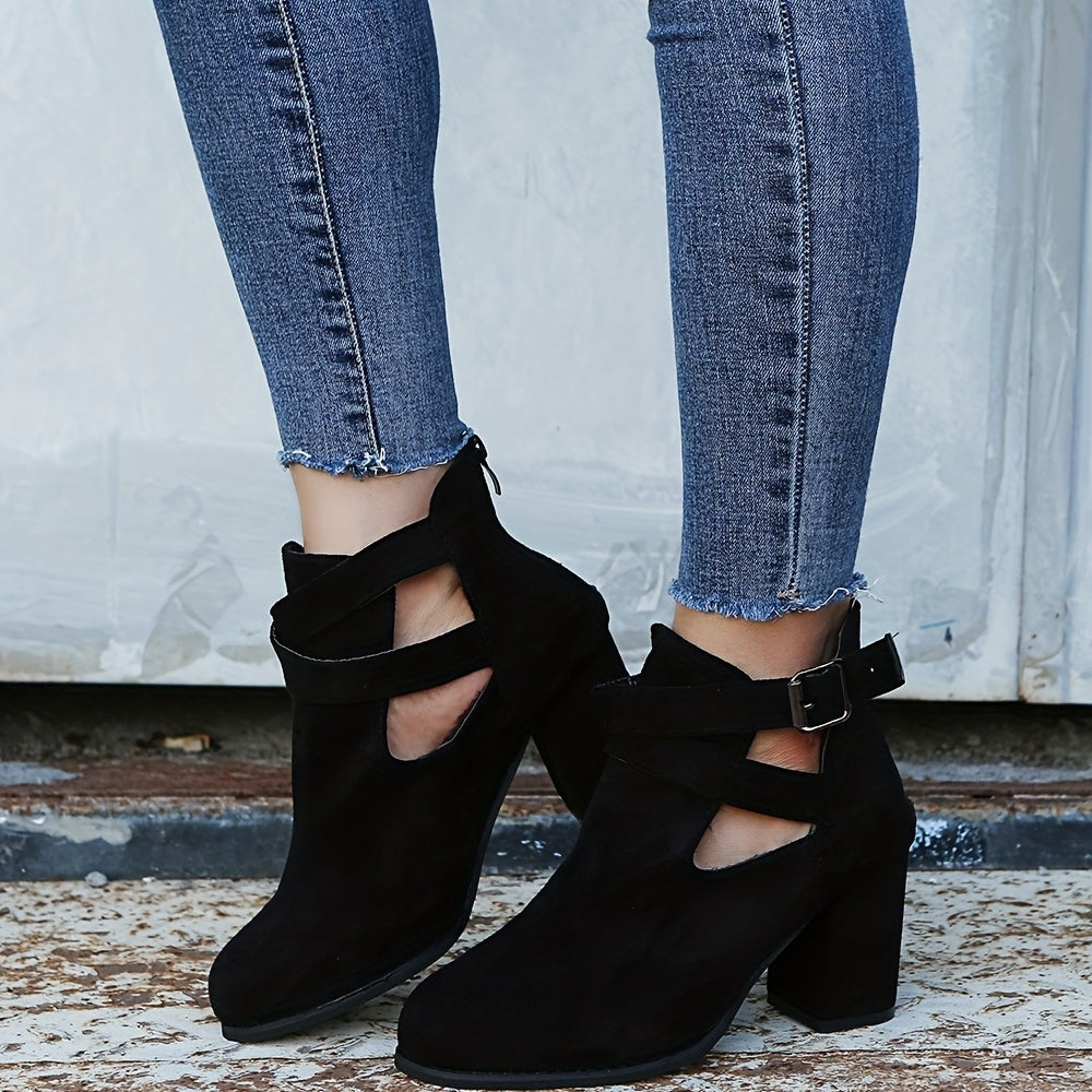 Women's Block Heel Ankle Boots Buckle Strap Zipper Shoes