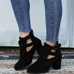Women's Block Heel Ankle Boots Buckle Strap Zipper Shoes
