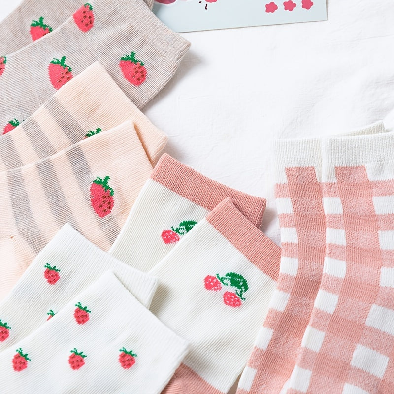 5 Pairs Strawberry Print Socks Women's Crew Stockings