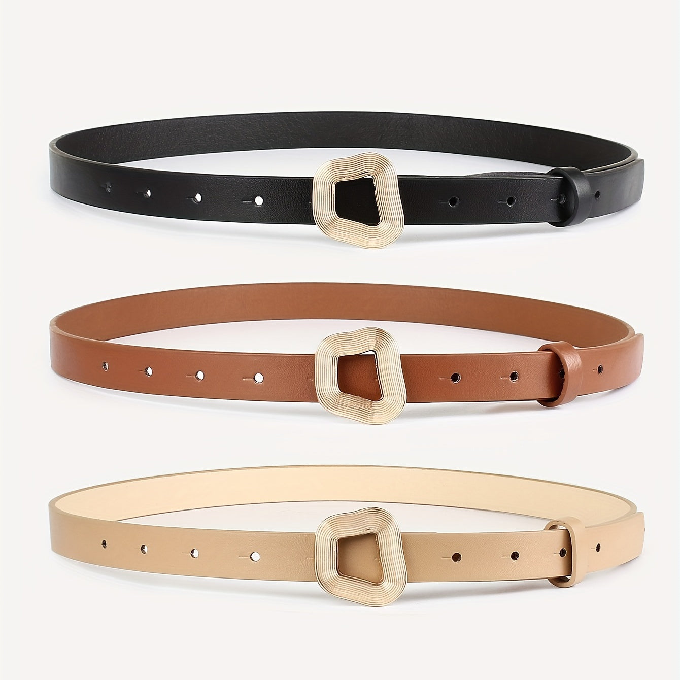 3pcs Geometric Buckle PU Leather Belt Retro Casual Jeans Belt