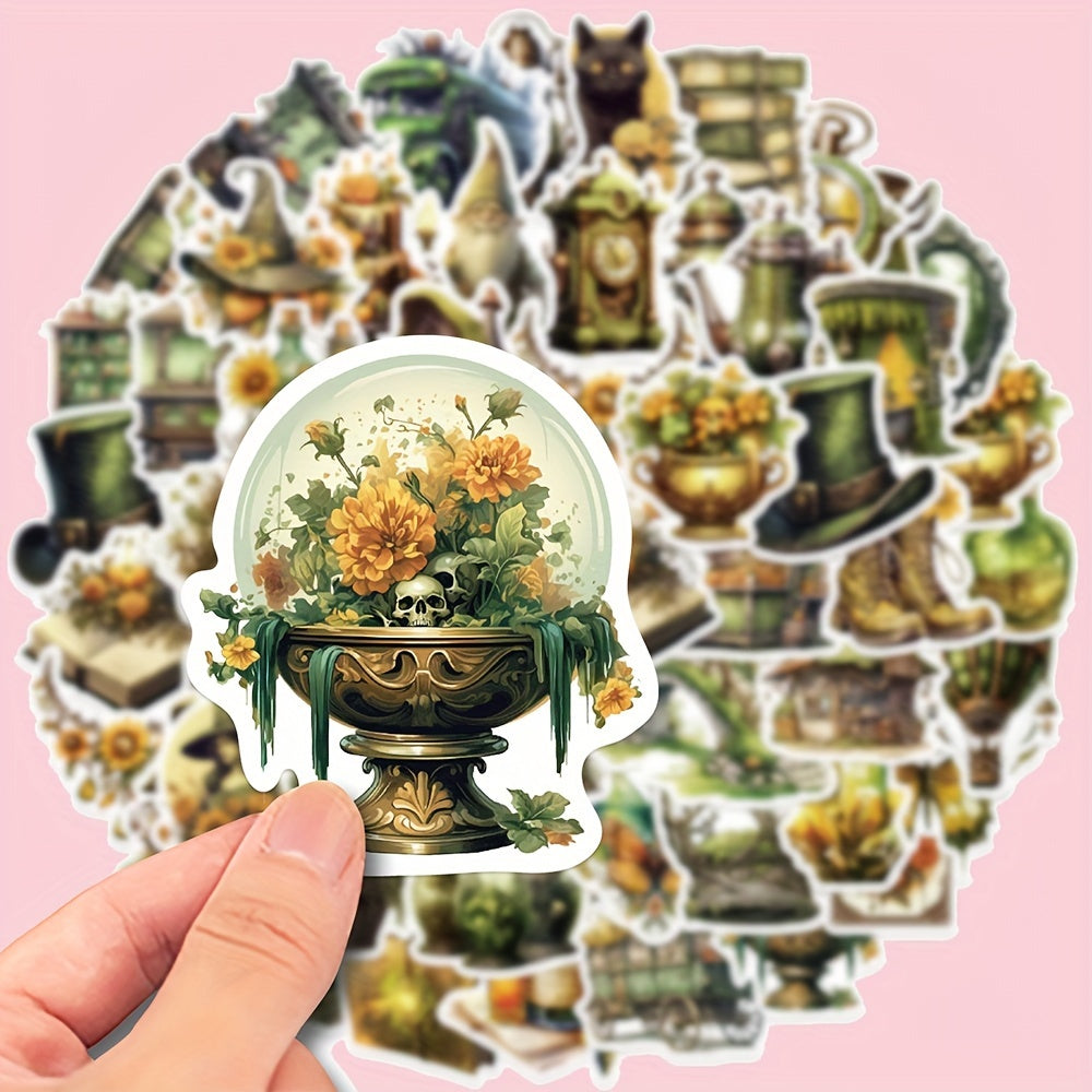 50pcs Retro Forest Magic Book Mushroom Stickers - Waterproof