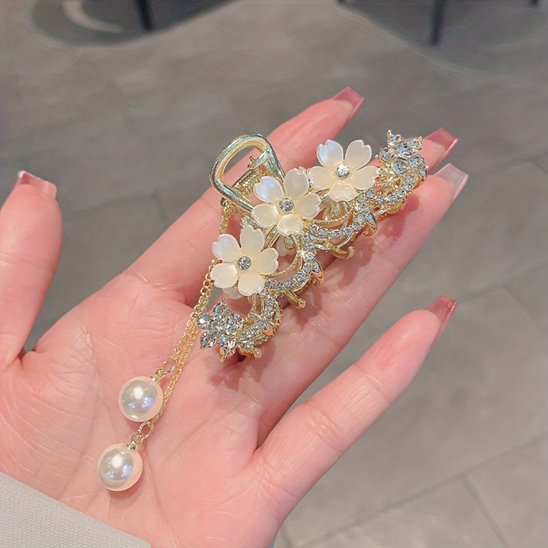 Camellia Rhinestones Faux Pearl Tassel Hair Clip & Metal Hair Clip