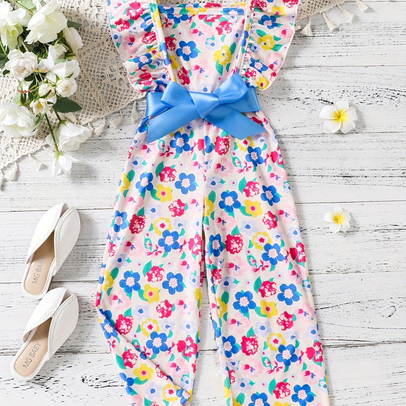 Girls Bow Floral Print Ruffle Sleeve Rompers Comfortable Casual Jumpsuit