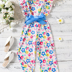 Girls Bow Floral Print Ruffle Sleeve Rompers Comfortable Casual Jumpsuit