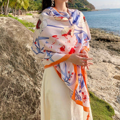 Orange Tassel Scarf Flower Print Shawl Outdoor Sunscreen Head Wrap