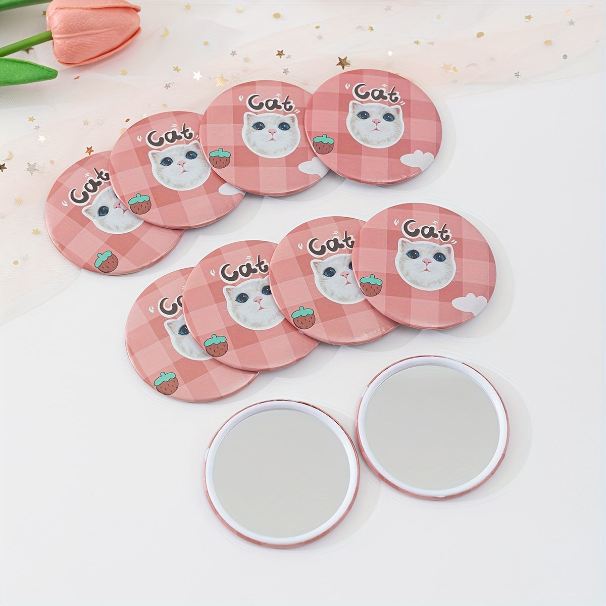 10pcs Cat Pattern Round Mirror Adorable Cosmetic Touch up Mirror For Gift
