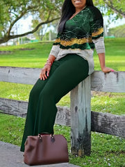 Women's Plus Marble Print V Neck Top & Straight Leg Pant Set