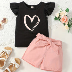 2pcs Toddler Girls Heart Graphic Ruffle Trim T Shirts & Belted Shorts Set