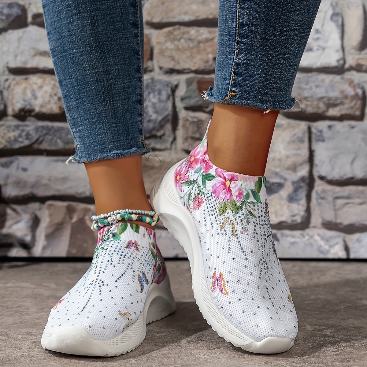 Rhinestone Platform Sneakers with Butterfly & Flower Pattern