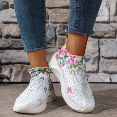 Rhinestone Platform Sneakers with Butterfly & Flower Pattern