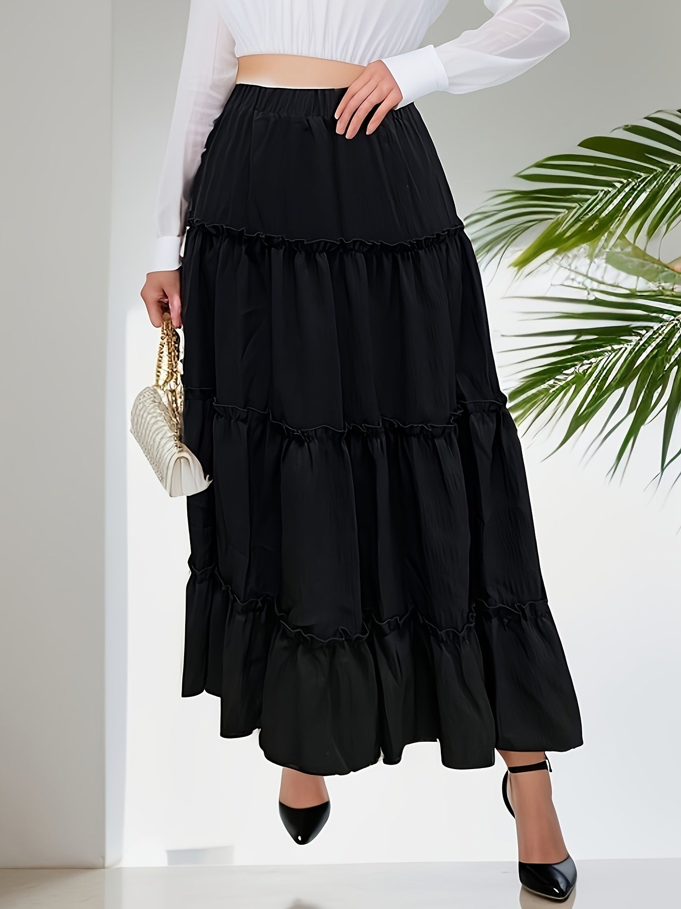 Solid Elastic High Rise Maxi Skirt