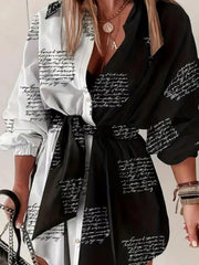 Colorblock Letter Print Polo Neck Shirt Dress