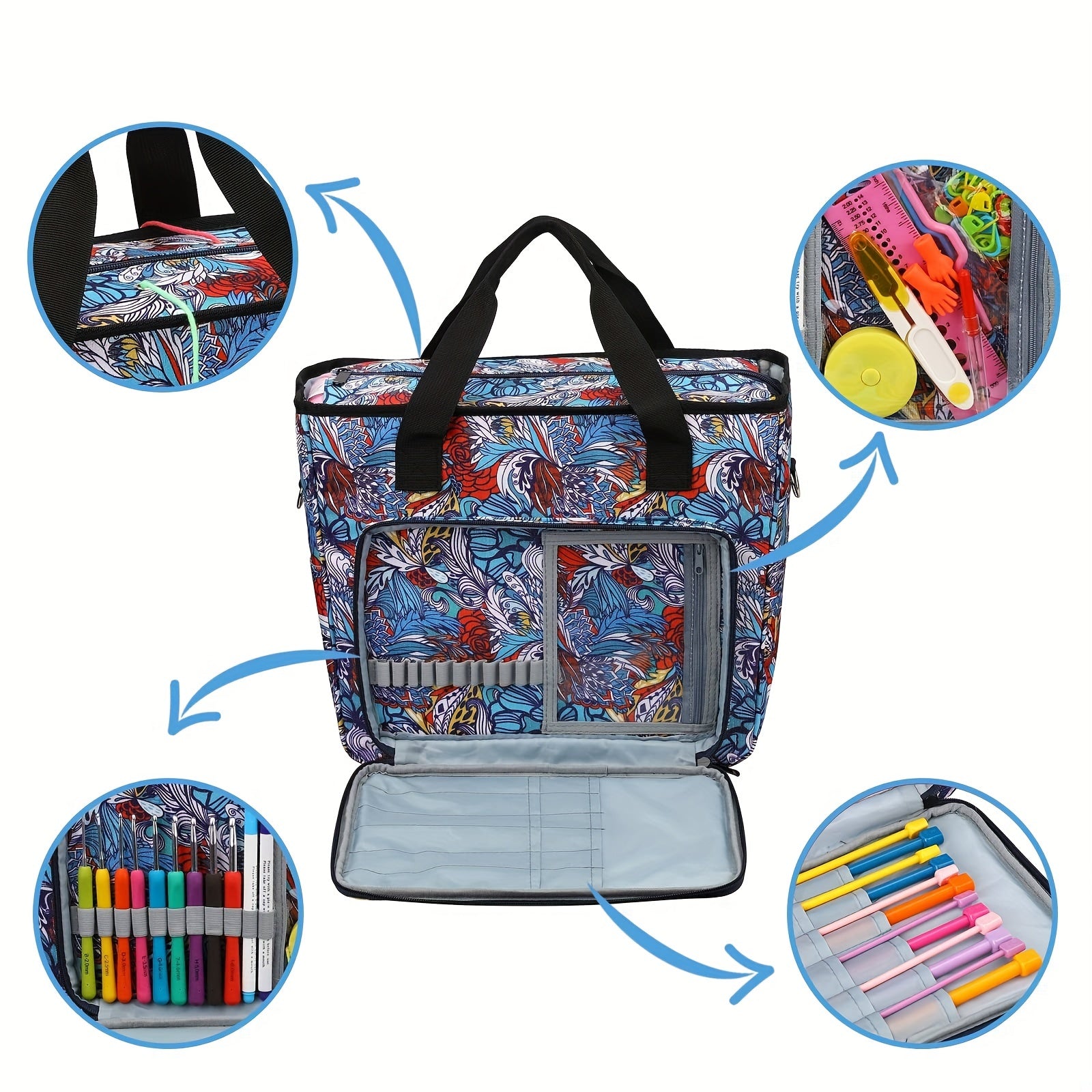 Portable Knitting Tote Bag for Yarn, Needles, Hooks - Large Capacity Crochet Bag