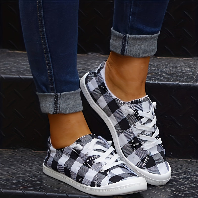 Plaid Pattern Non-slip Flat Shoes Women's Casual Lace Up Sport Shoes