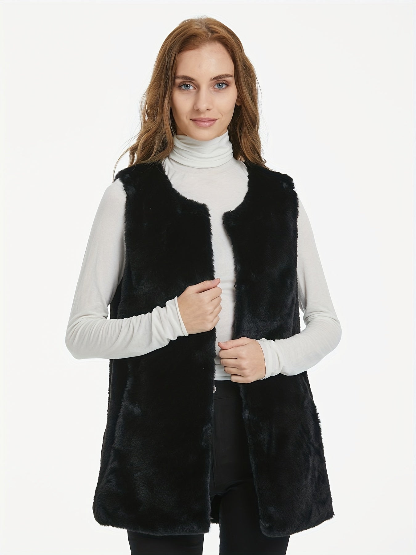 Fuzzy Vest Casual Crew Neck Sleeveless Winter Vest Women's Clothing