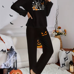Halloween Print Lounge Set Crew Neck Top & Pants Women's Loungewear