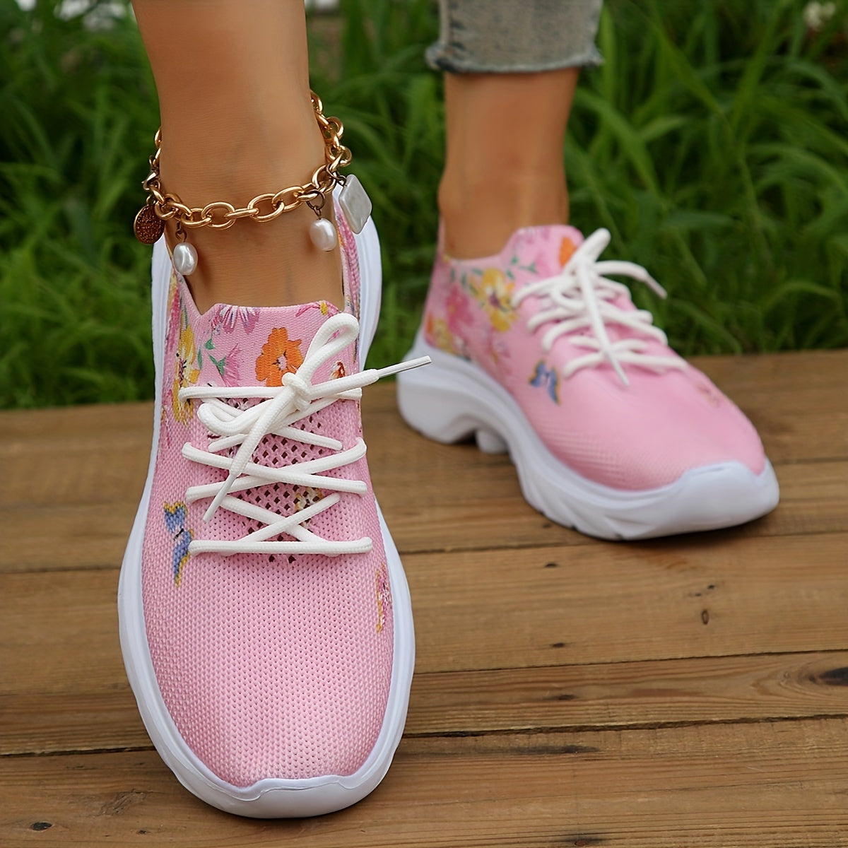 Women's Knitted Sneakers Floral & Butterfly Print Sports Shoes