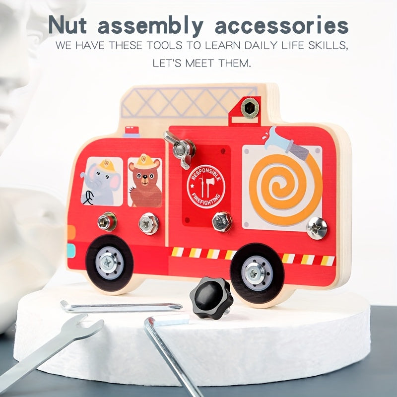 Wooden Disassembly Screw and Nut Fire Truck Set Busy Board Toy