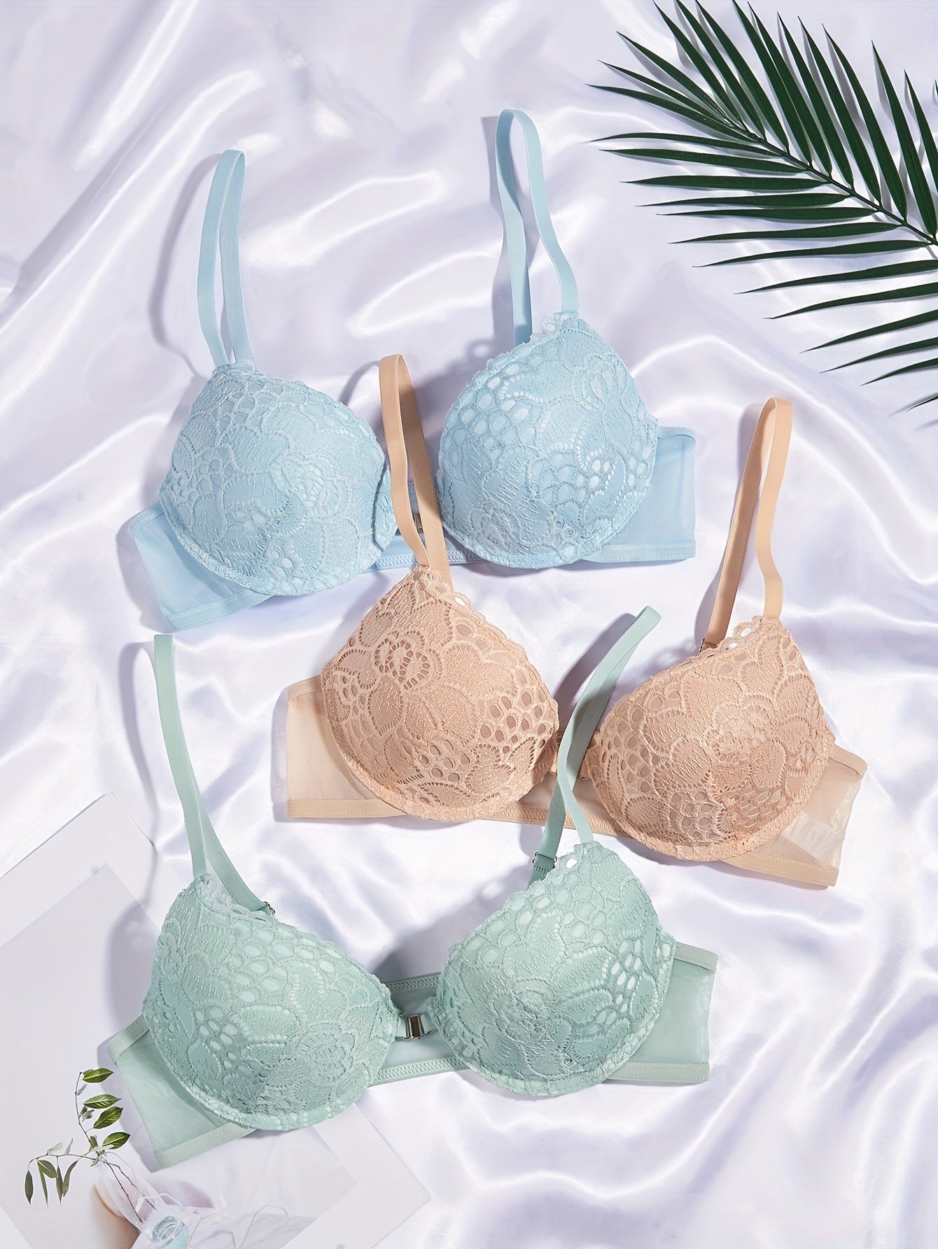 3pcs Contrast Lace Push Up Bras Front Buckle