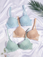 3pcs Contrast Lace Push Up Bras Front Buckle