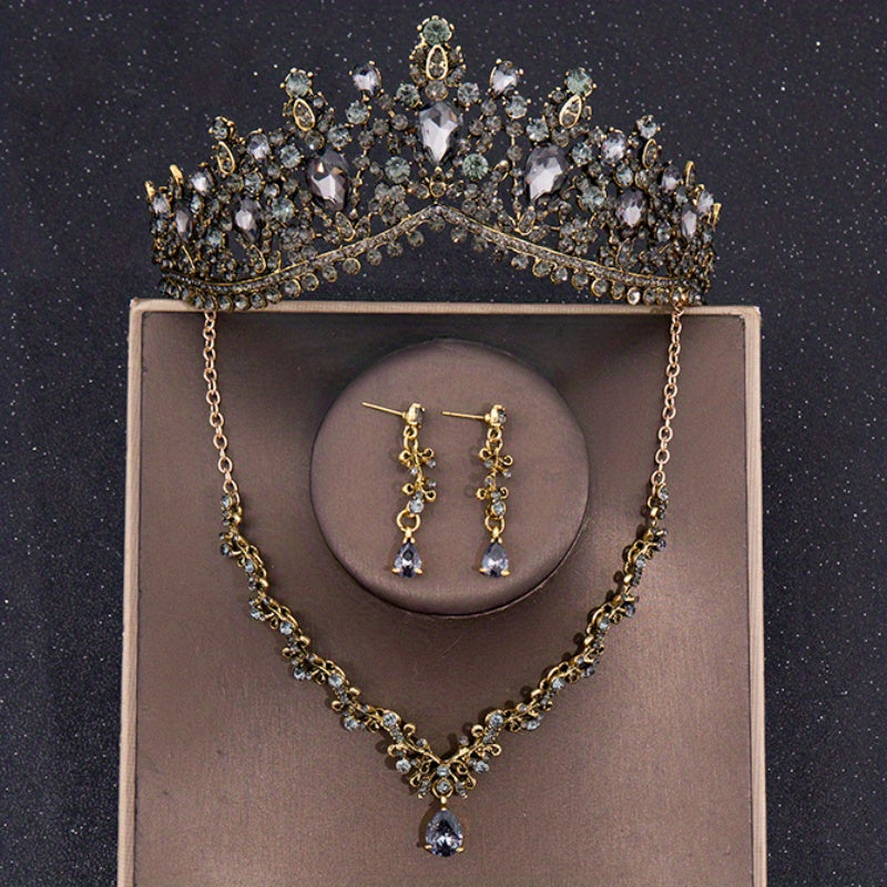 Baroque Crystal Crown Tiara Necklace Earrings Set For Women