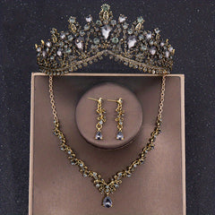 Baroque Crystal Crown Tiara Necklace Earrings Set For Women