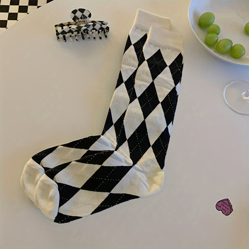 Argyle Calf Socks College Style Knee High Women's Stockings