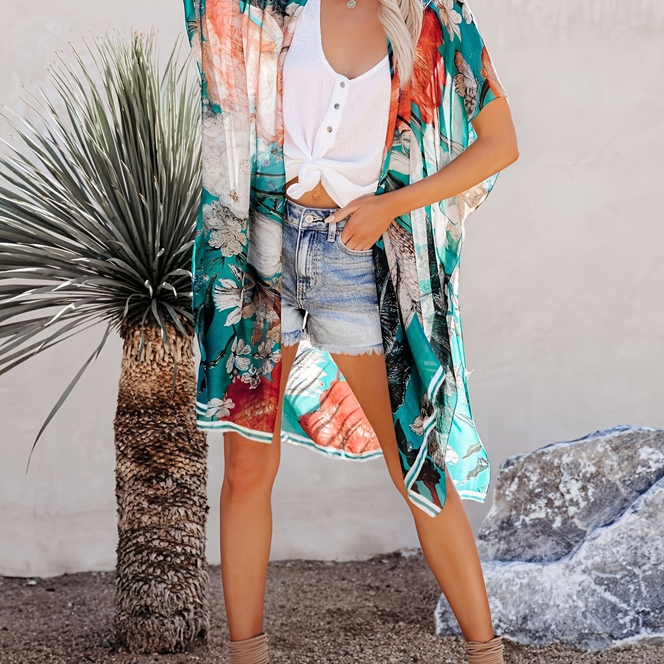 Floral Print Cover Up Shirt V Neck Loose Fit Short Sleeves Cardigan