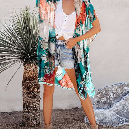Floral Print Cover Up Shirt V Neck Loose Fit Short Sleeves Cardigan