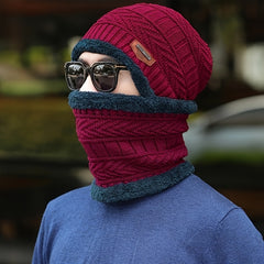 Winter Warm Hat & Neck Scarf Set Thick Knitted Beanie Velvet Lined Hats