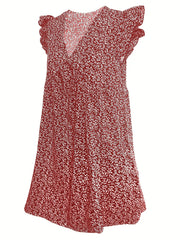Ditsy Print Ruffle Sleeve V Neck Dress