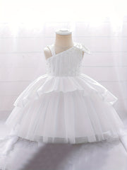 Girls Lace Trim Puffy Princess Dress for Wedding Birthday Party