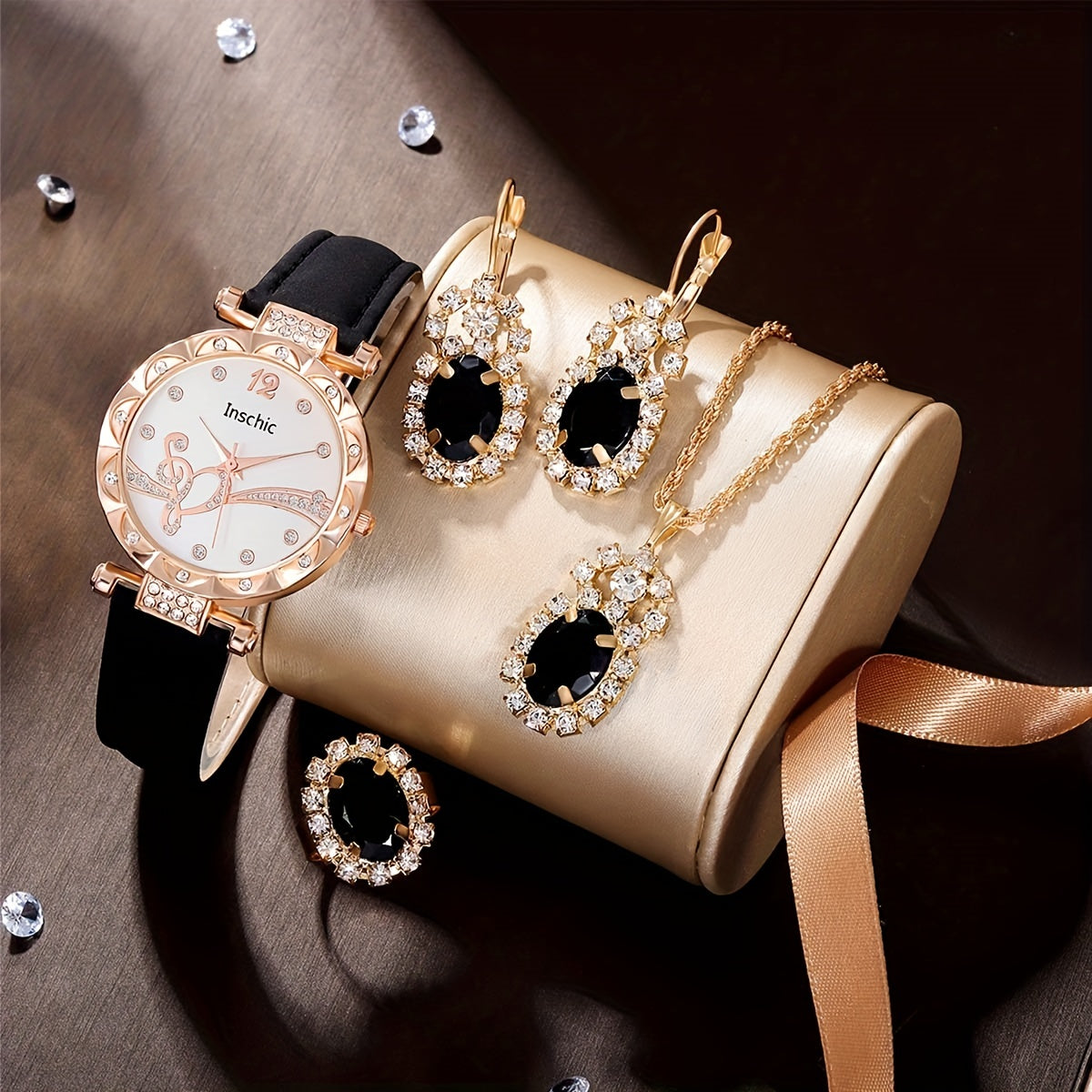 5pcs Square Rhinestone Junior High School Students Leather Quartz Watch Set