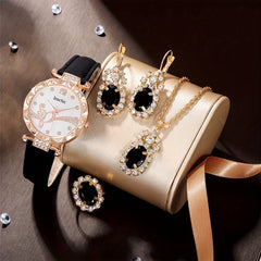 5pcs Square Rhinestone Junior High School Students Leather Quartz Watch Set