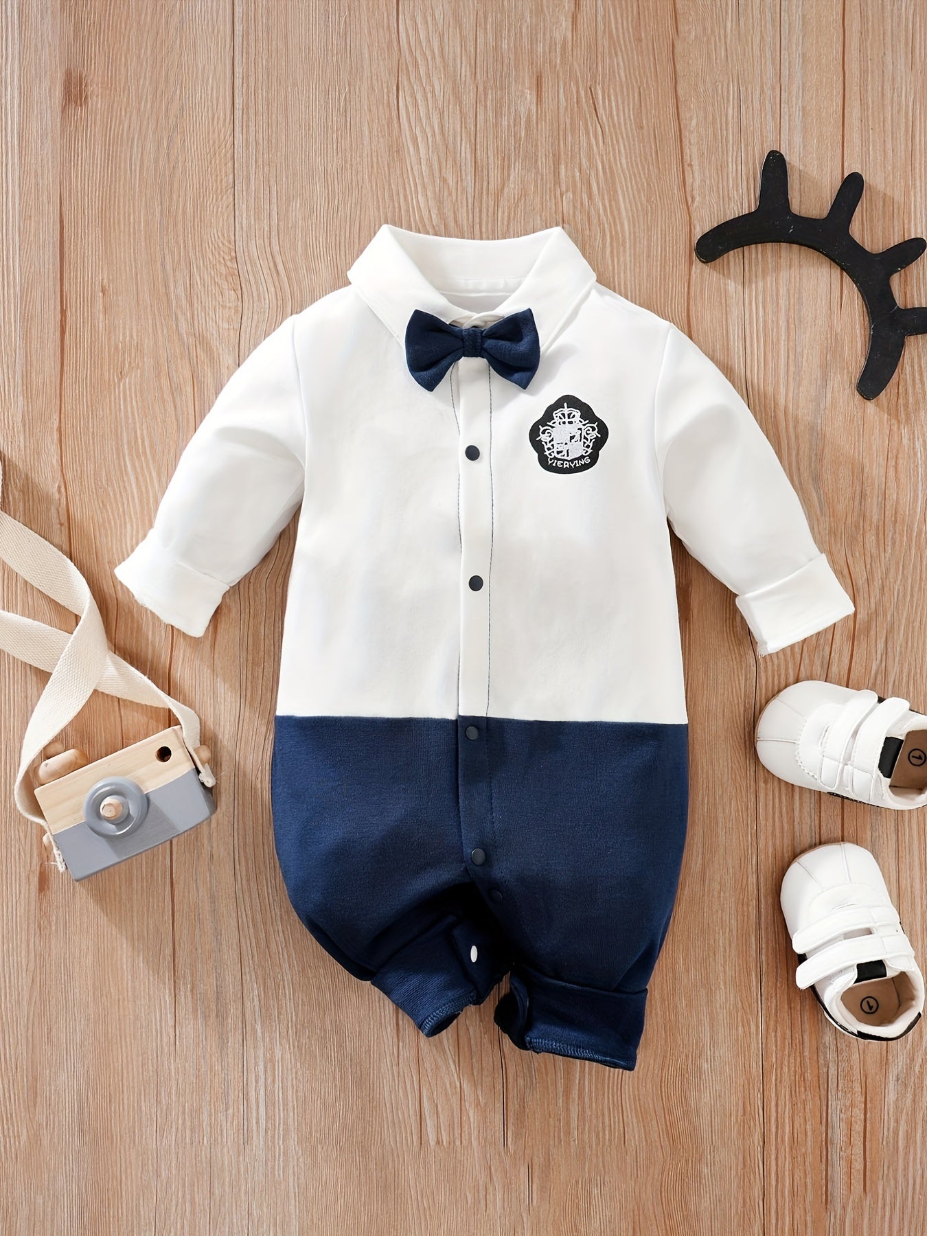 Newborn Infant Cotton Gentleman Romper Long Sleeve Bowtie Jumpsuit