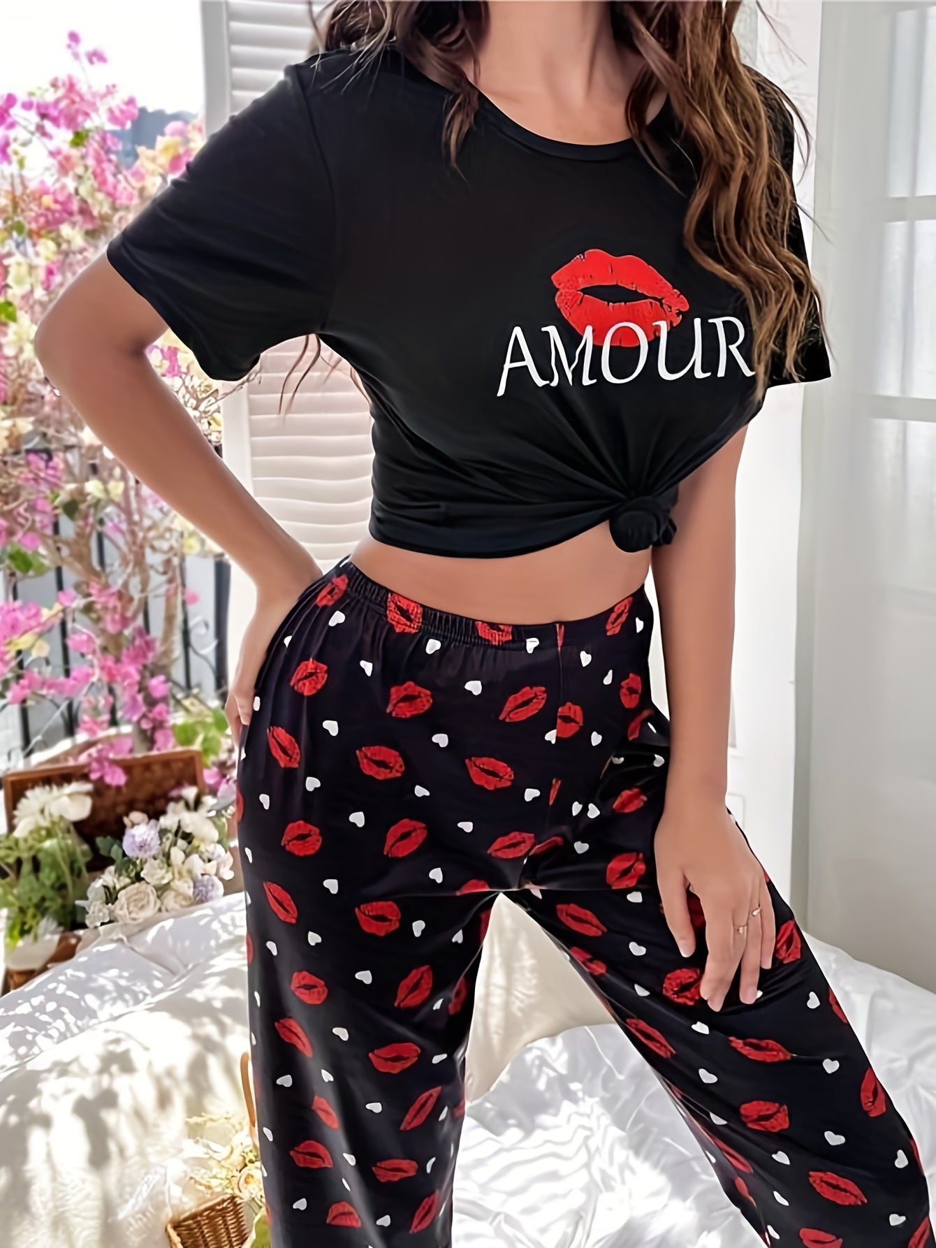 Lips Print Pajama Set Short Sleeve Top & Pants Women's Sleepwear