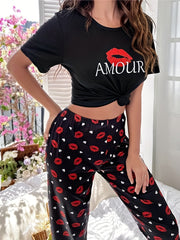 Lips Print Pajama Set Short Sleeve Top & Pants Women's Sleepwear