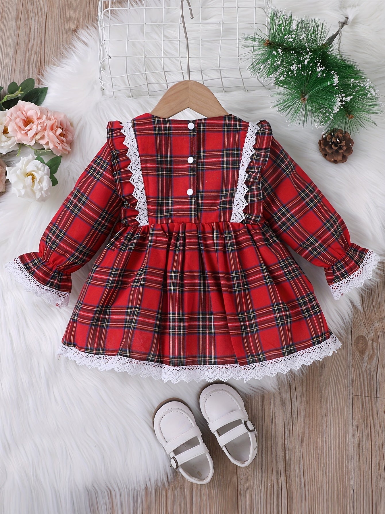 Baby Girl Christmas Plaid Dress Long Sleeve Pleated Casual Dress