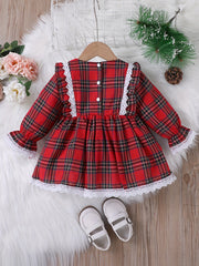Baby Girl Christmas Plaid Dress Long Sleeve Pleated Casual Dress
