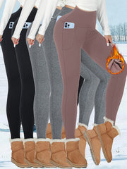 5pcs Womens Thermal Fleece Lined High Waisted Sports Leggings With Pocket