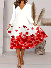 Heart Print Long Sleeve V Neck Midi Dress