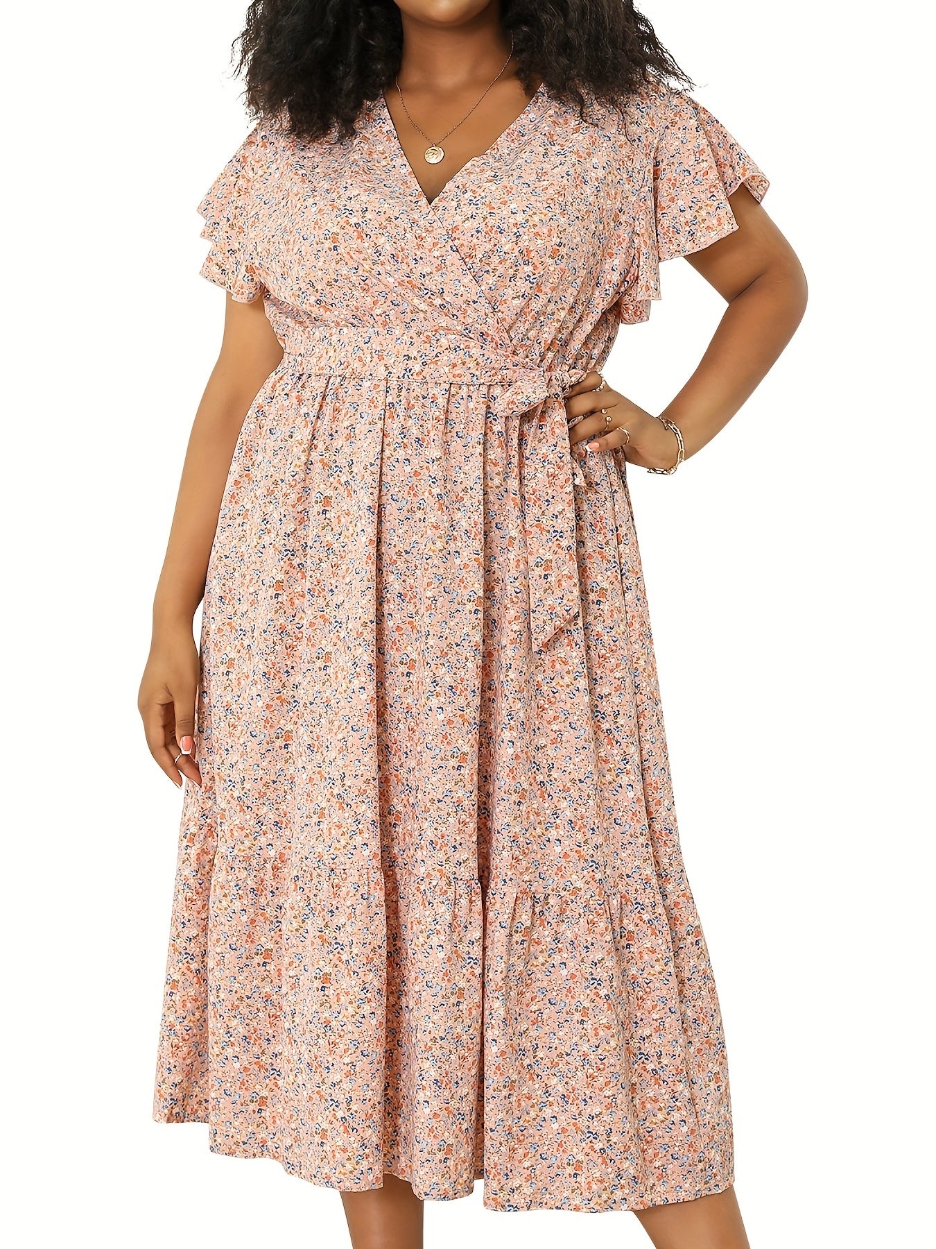 Dot Print Ruffle Sleeve V Neck Dress With Pockets