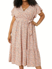 Dot Print Ruffle Sleeve V Neck Dress With Pockets