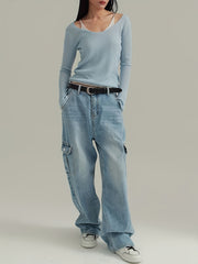 High Rise Loose Baggy Denim Cargo Pants Floor Length