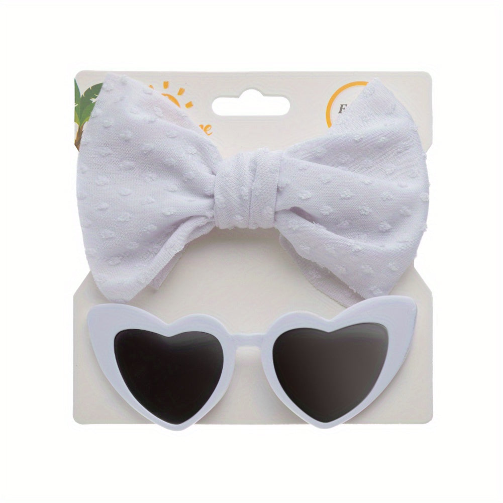 Girls Nylon Bow Headband & Heart Shaped Sunglasses Set